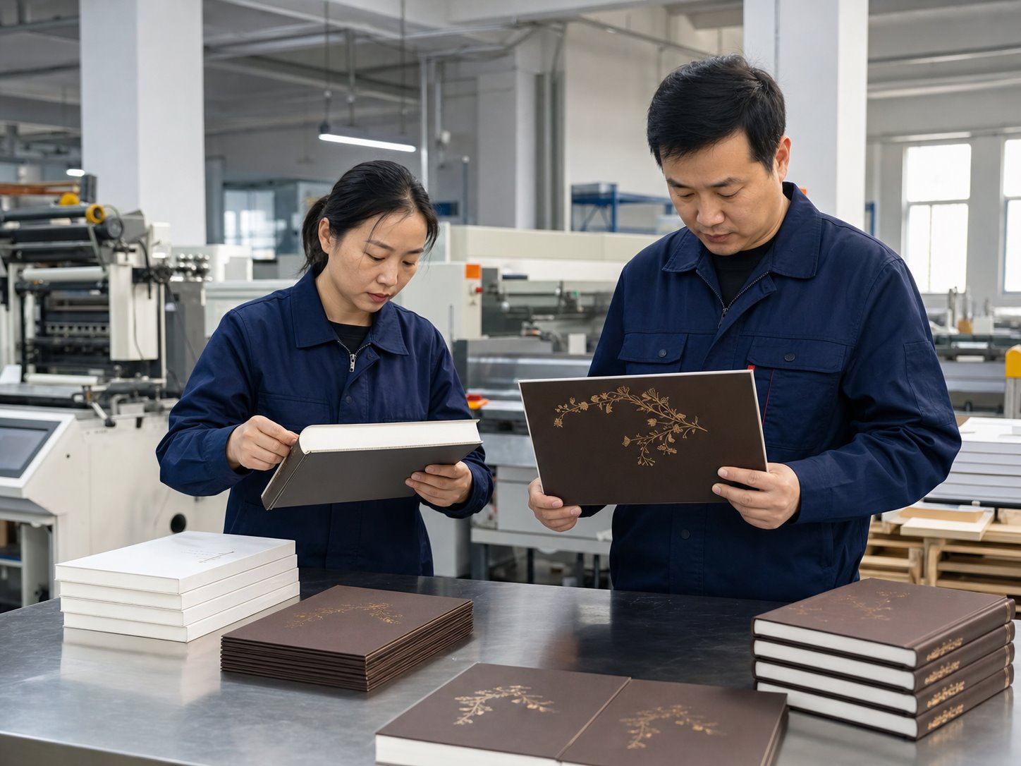 Bookbinding technicians inspecting hardcover books