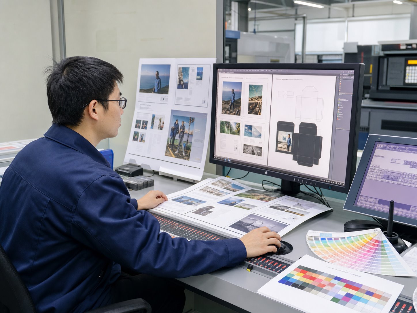 Prepress technician reviewing layouts and packaging dielines