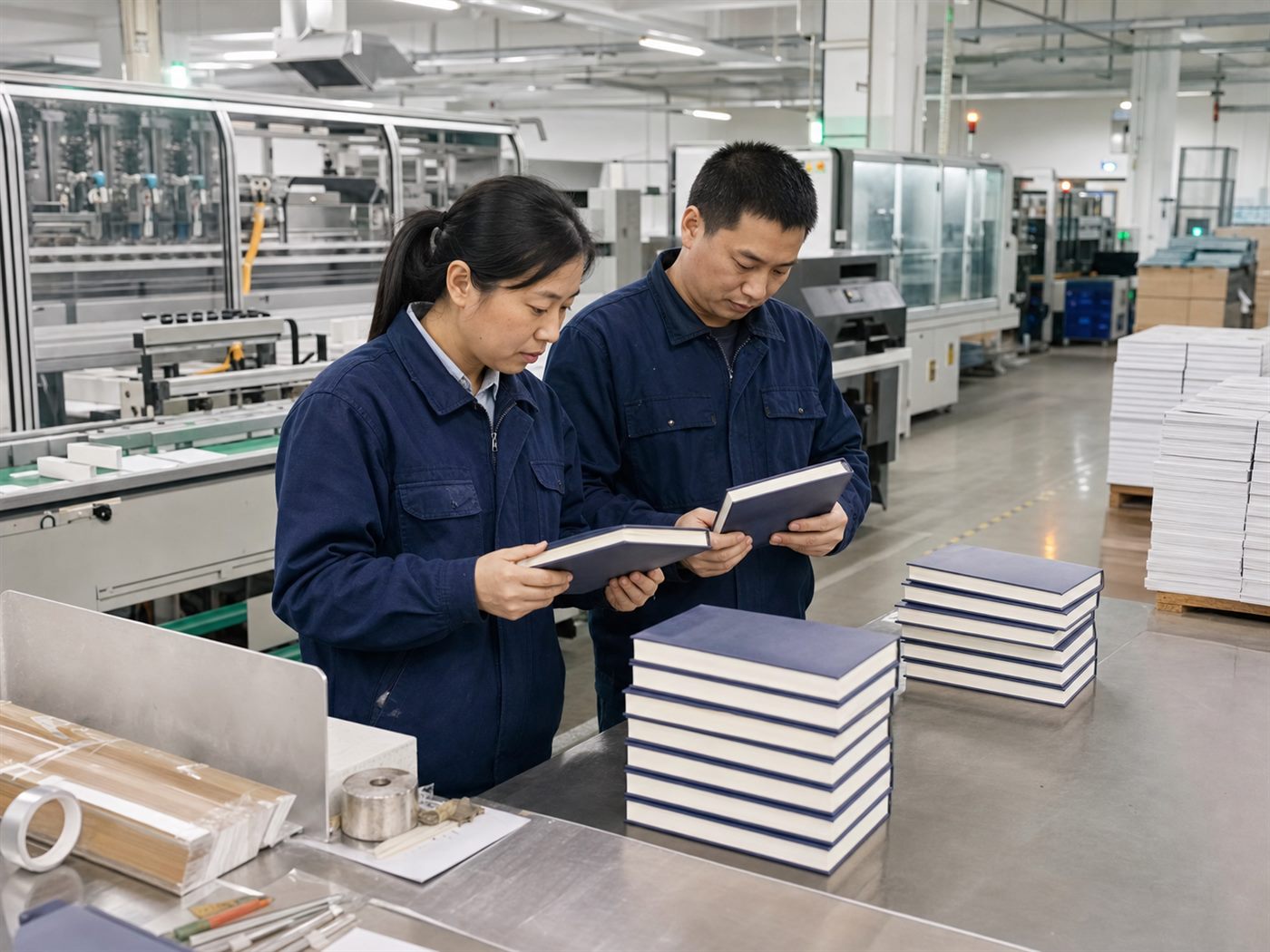 Chinese bookbinding technicians inspecting hardcover books