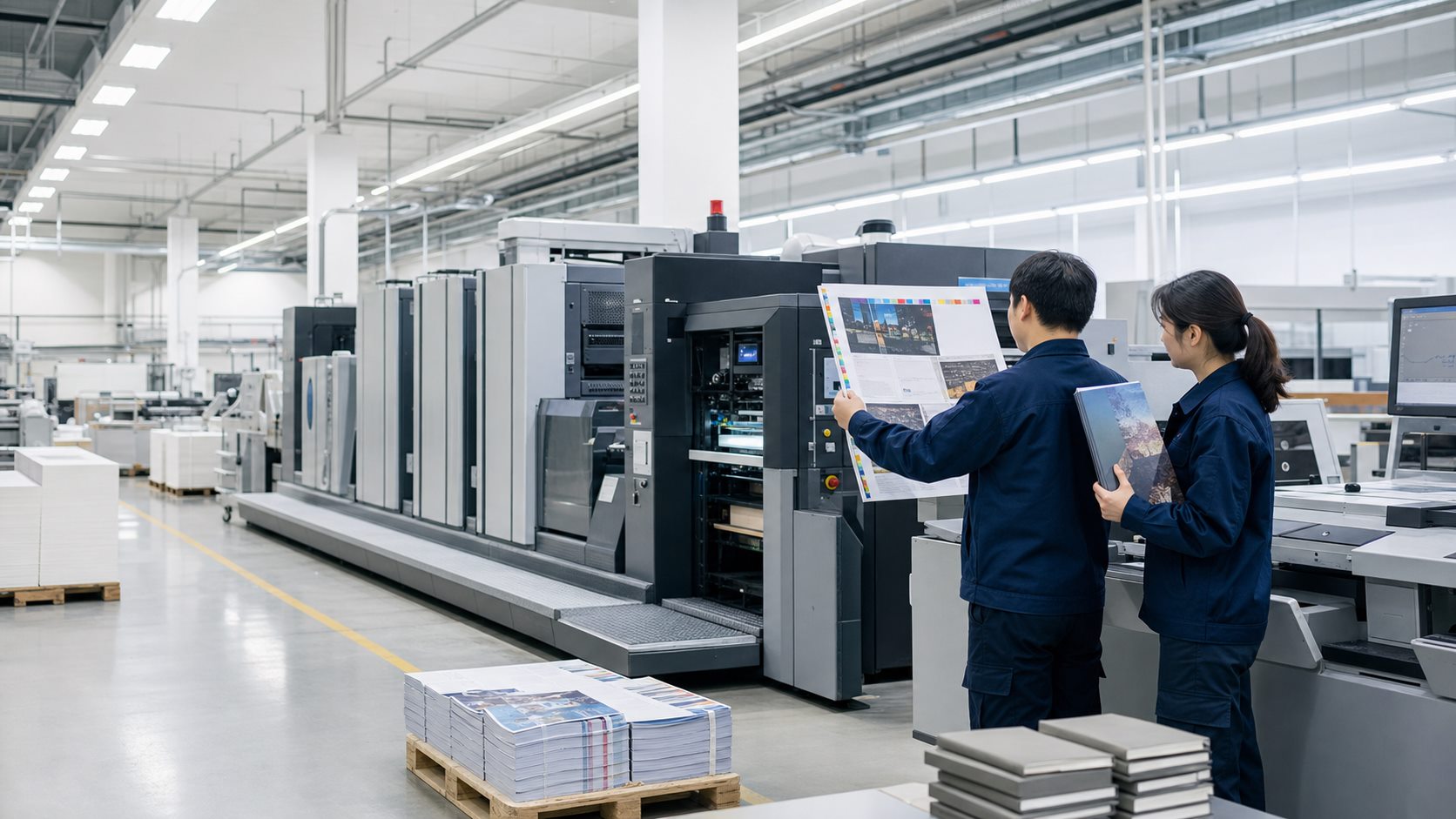 Chinese printing technicians checking color quality
