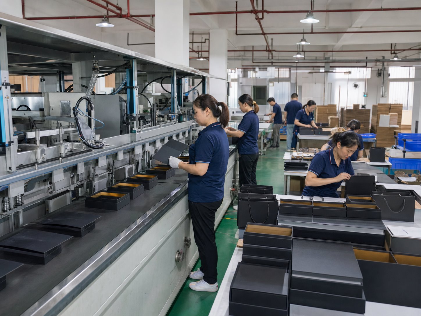 Rigid gift box production and assembly line