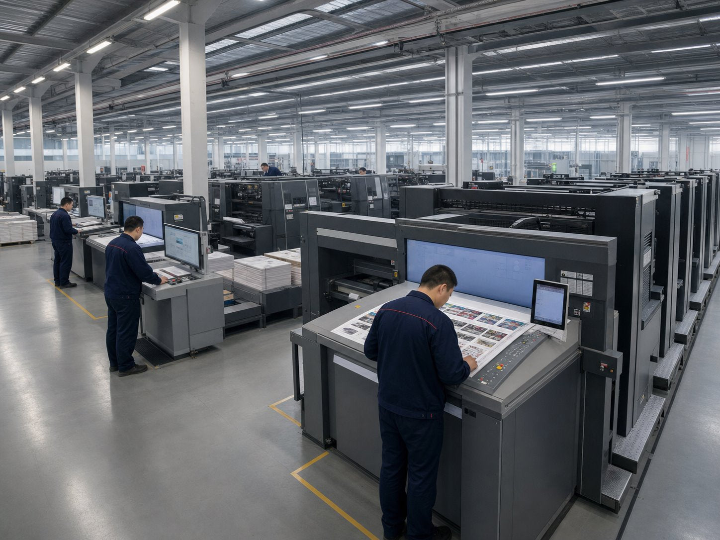 Large offset printing workshop with Chinese press operators