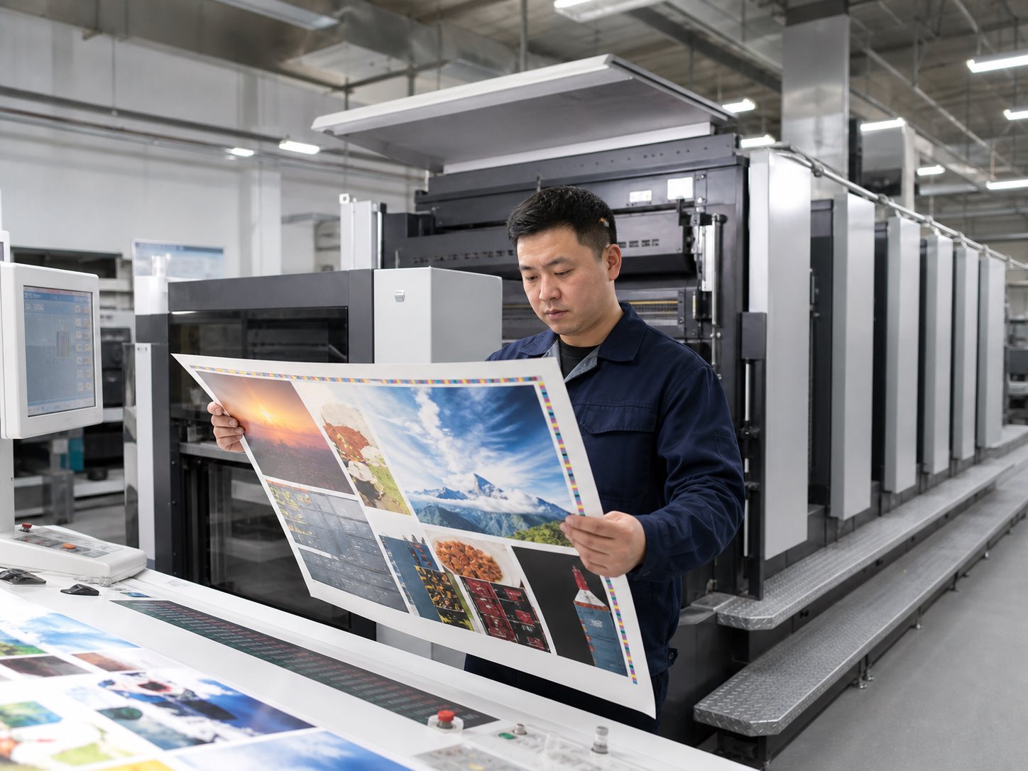 Printing press operator checking a printed sheet