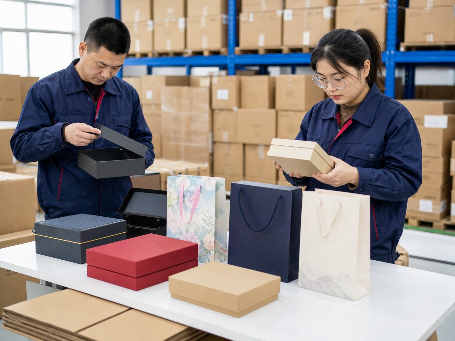 Quality control team inspecting boxes and paper bags