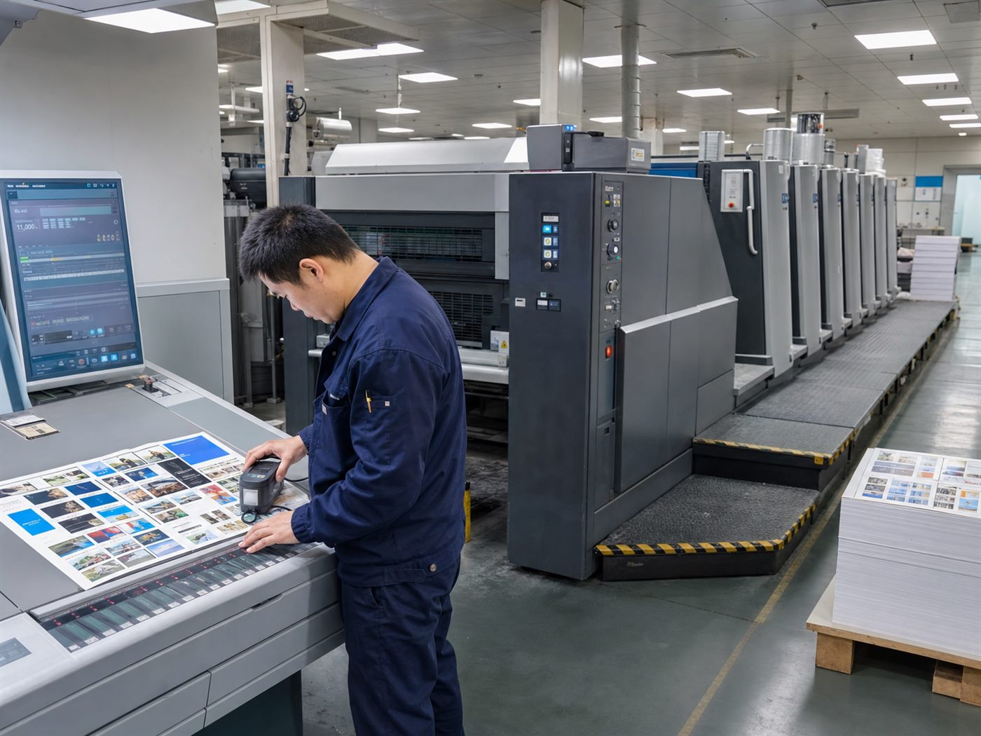 Chinese press operator measuring printed color