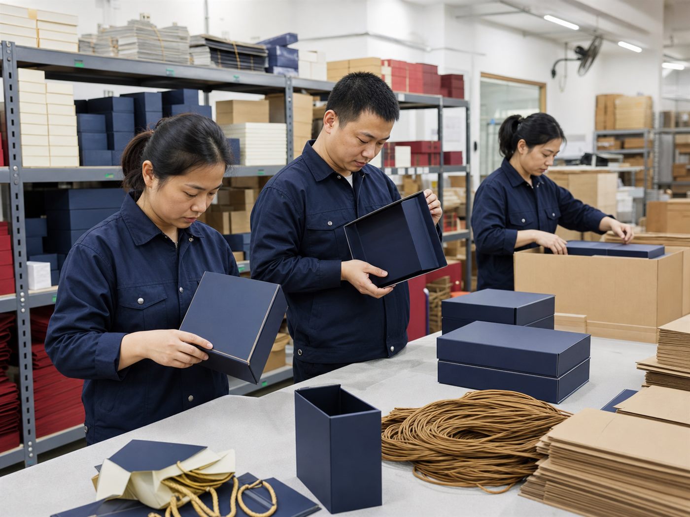 Chinese packaging employees inspecting rigid boxes
