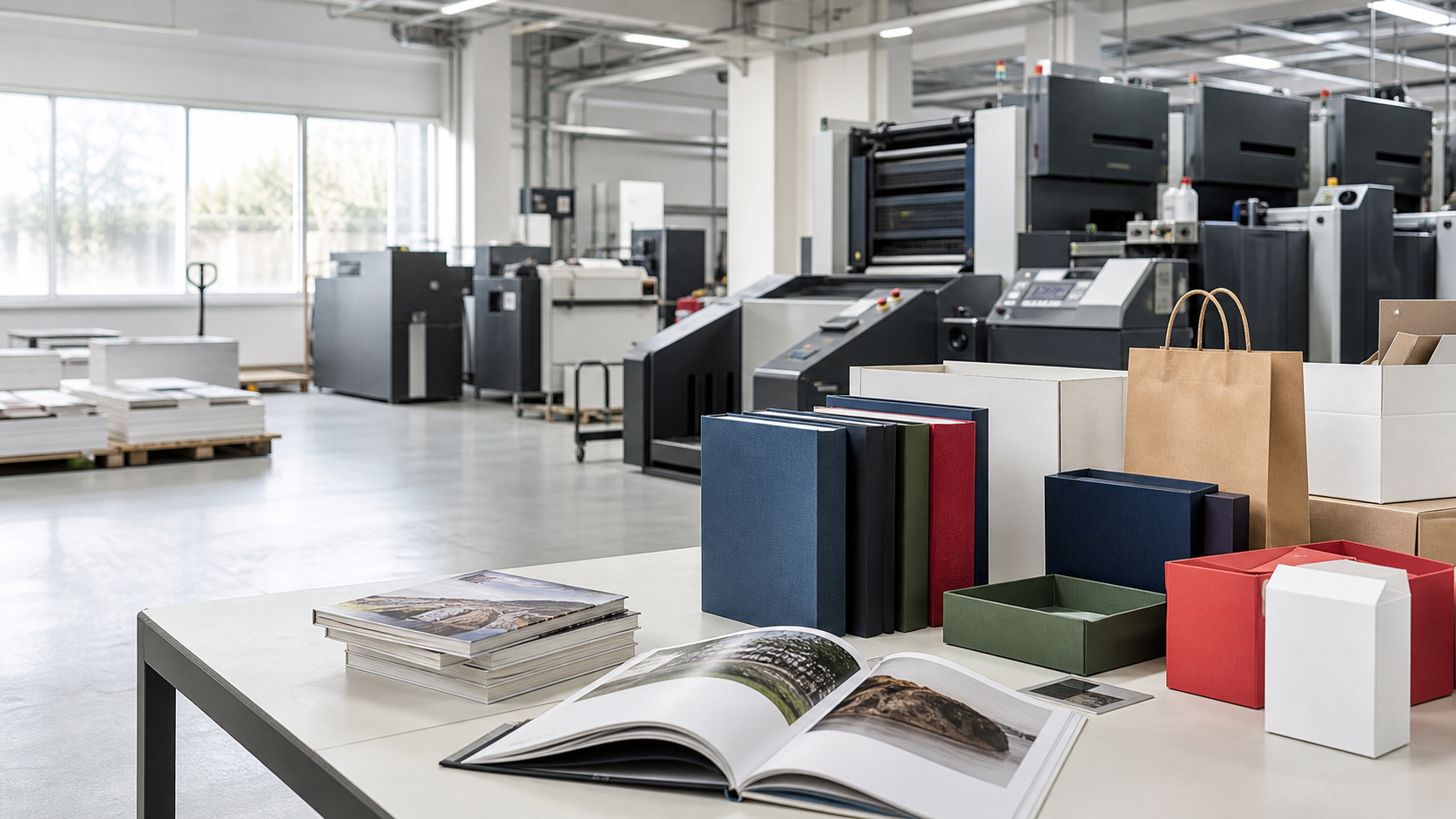 Printing workshop with custom books, catalogs and packaging boxes